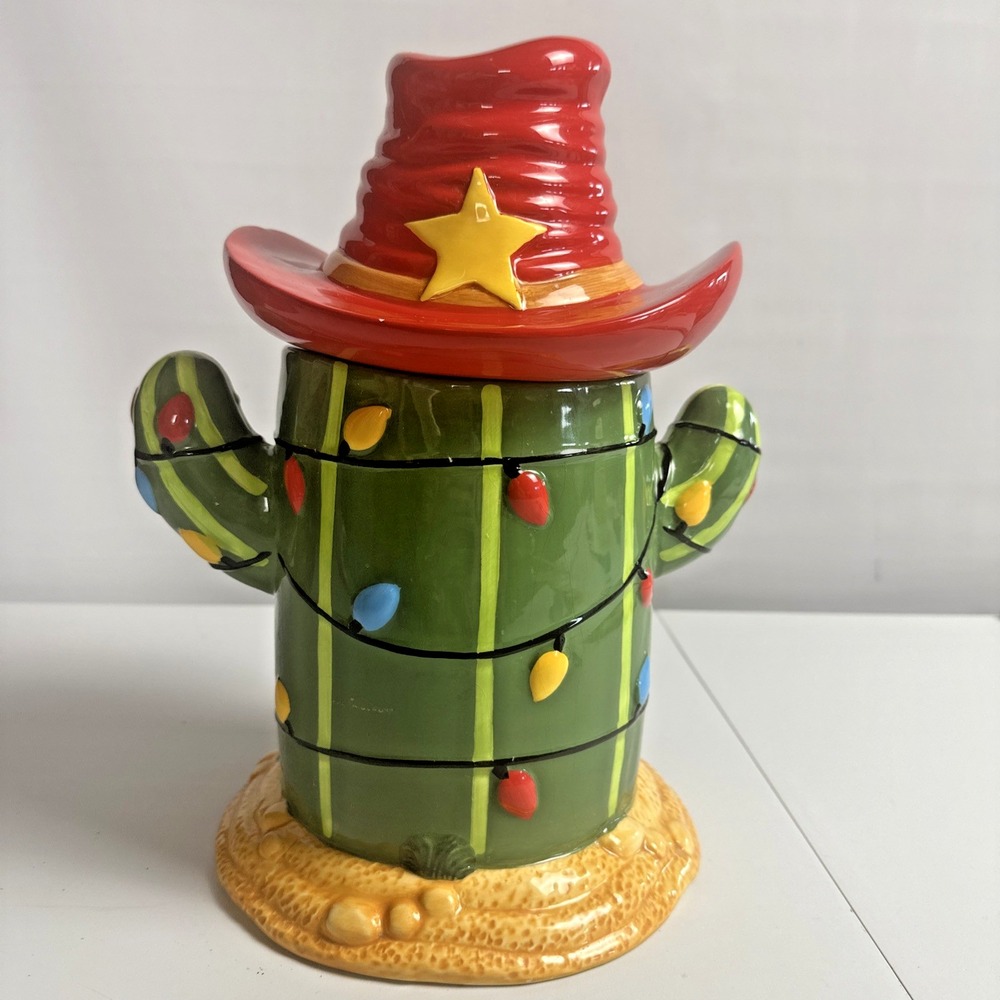 Christmas Cactus Cowboy Cookie Jar Ceramic Western Southwestern Holiday Rare